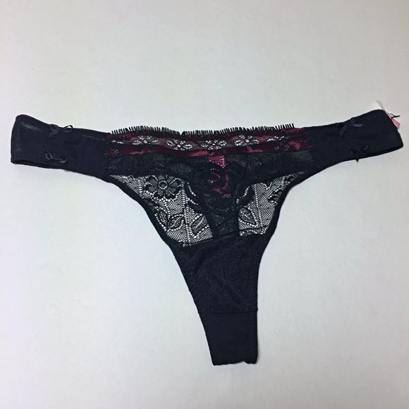 NWT! 3 PC SET  Bra, Thong & Garter Black Rose Lace w Pink Satin - Picture 7 of 14